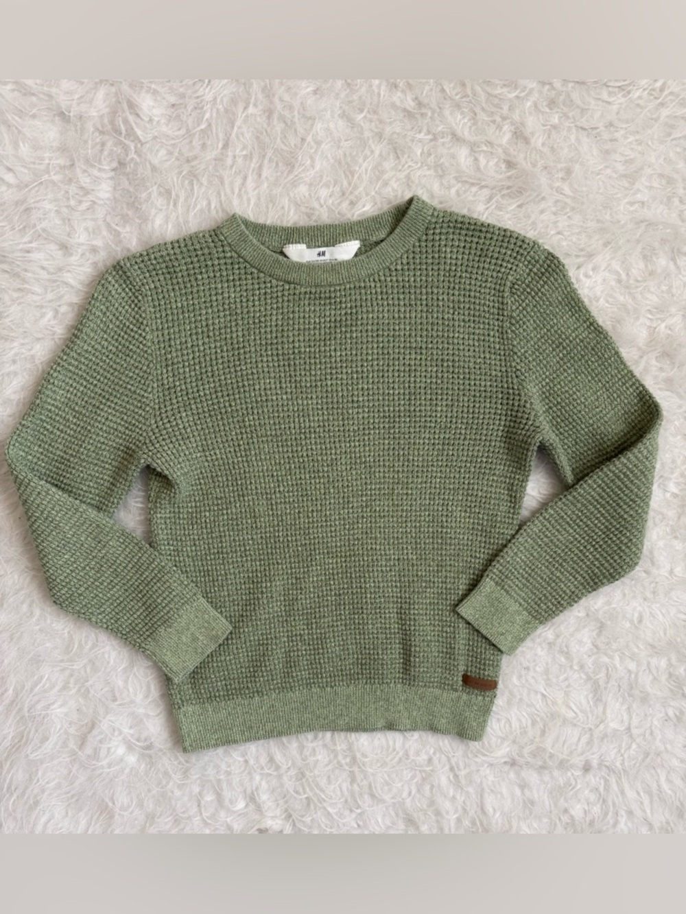 H&M Girls Cozy Sage Green Waffle Knit Crew Sweater